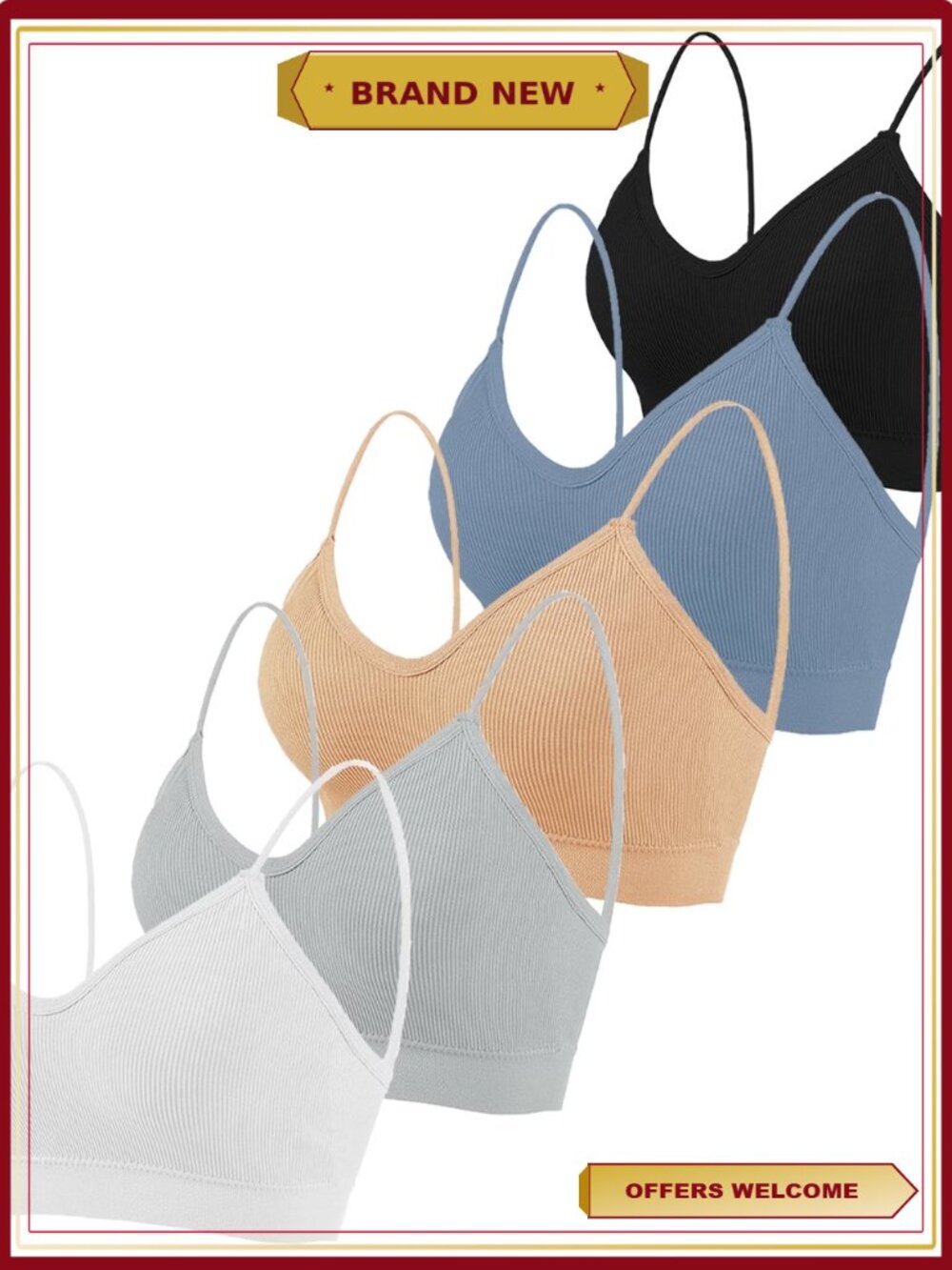 Women's V-Neck Padded Seamless Bralette 5 Pack Sleeping Bra Removable Pads